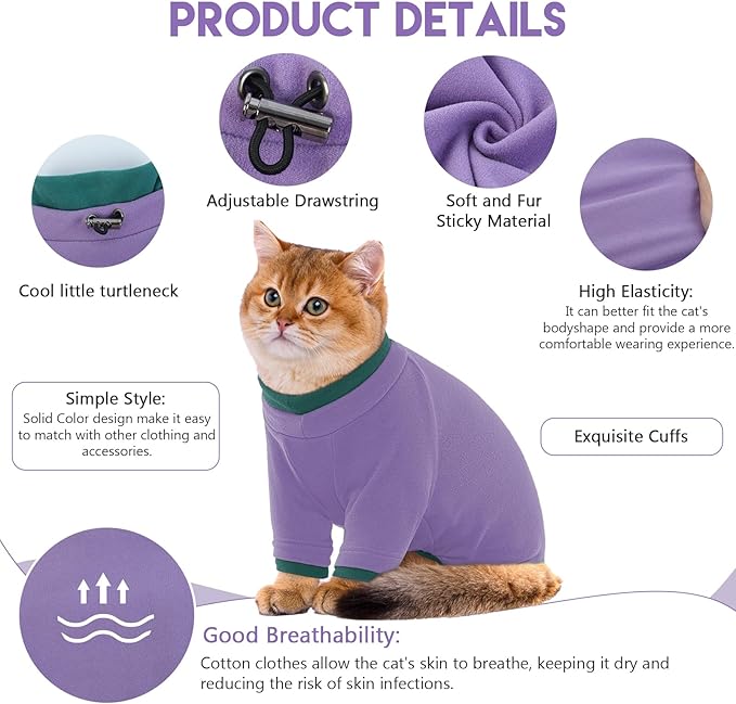 Sticky Cat Clothes Stretchy, Sphynx Hairless Sweater & Pajamas for Cats only, Soft Cat Onesie for Cats After Surgery Female Male & Hair Loss Prevention, Purple S