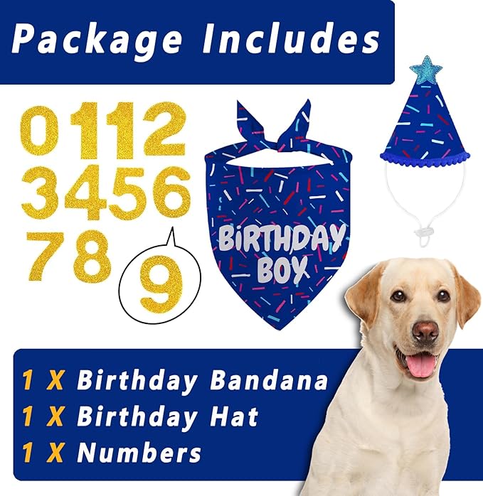 Dog Birthday Bandana Set, Blue Birthday Boy Decorations, HBD Party Supplies with Hat Kerchief Numbers for Pets (Blue)