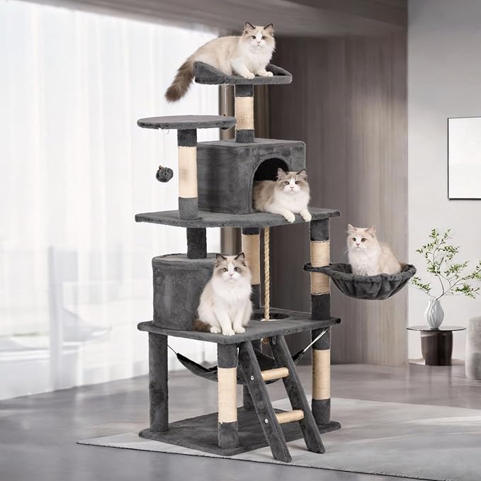 Cat Tree 60.63 inches Cat Tower for Indoor Cats, Multi-Level Cat Condo Furniture with Scratching Posts, Plush Perches, Activity Center with Cozy Basket & Hammock for Cats (Darkgray)