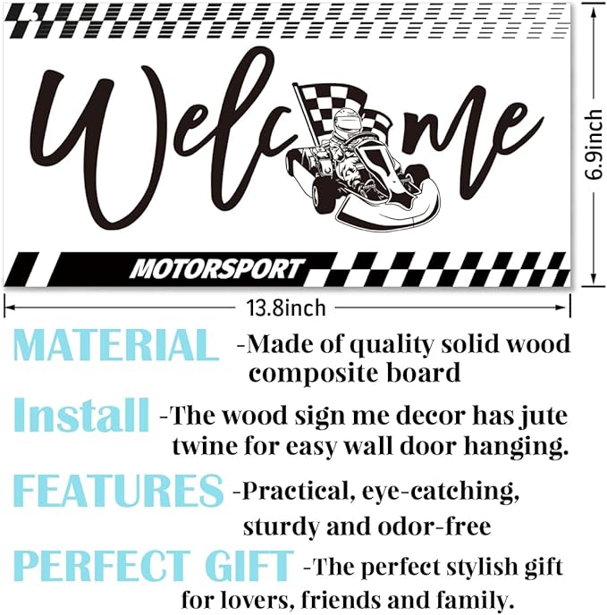 Welcome Sign for Front Door, Playroom Wall Decor, Motorsport Theme Wall Hanging Decor, Gift for Motorsport Lover, Funny Wooden Outdoor Front Door Hanging Decoration 13.8X6.9 inches