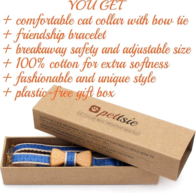 Pettsie Breakaway Cat Collar with Bow Tie and Matching Bracelet–Adjustable Cotton Kitten Collar with Safety Buckle for Cats and Small Pets–Cute Cat Gift for Owners and Cat Lovers, 8-11 Inches, Blue