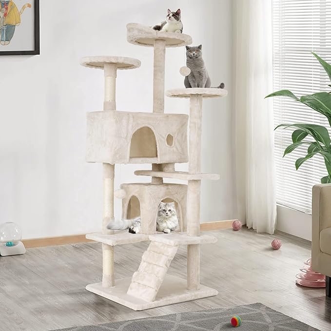 Heavy Duty Cat Tree Tower, 54" Tall Cat Tower for Indoor Cats with Cat Scratching Post with Bed, Cat Condo, Hanging Ball, Multi-Level Cat Climbing Tower Cat Trees Furniture Activity Center, Beige