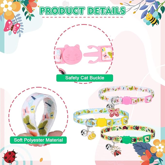 PUPTECK Spring Breakaway Cat Collars with Bell - 3 Pack Pet Collar with Cute Pendants for Girl Boy Kitten Puppy and Small Pets