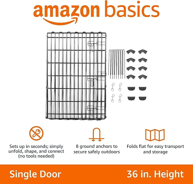 Amazon Basics Foldable Metal Exercise Dog Playpen, Indoor/Outdoor, Single Door, 8 Panels, 36 Inches, Medium, Black