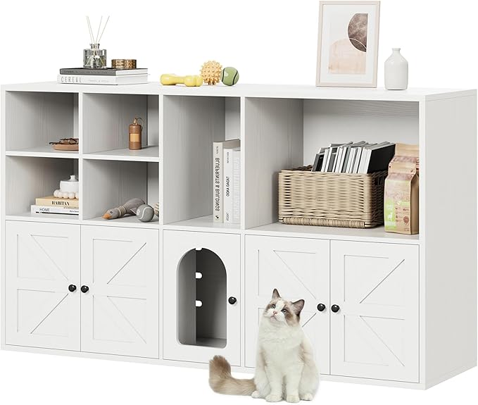 IRONCK Cat Litter Box Enclosure for 2 Cats, Litter Box Furniture Hidden with Double Room and Large Storage Space, Wooden Washroom Furniture, Cat House, White