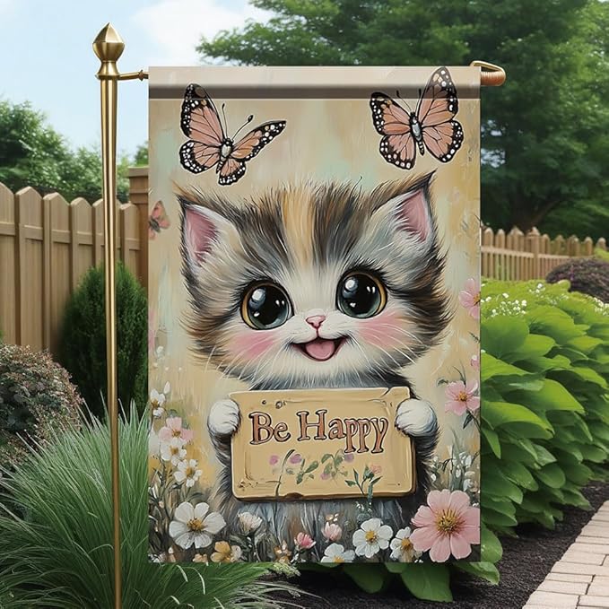 Be Happy Cat Garden Flag 12x18 Inch Double Sided Outdoor Yard Banner Cute Kitten with Butterflies and Flowers for Spring Summer Patio Porch Lawn Home Decoration