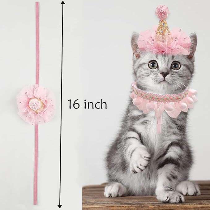 Birthday Hat Scarf Set for Pet Puppy Cat, Cute Lace Bandana Bib Scarf Crown Hat Princess Costume for Cats Small Dogs,Pink Outfit for Birthday Party