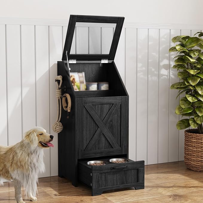 Dog Feeding Station with Storage Cabinet and 2 Elevated Dog Bowls, Hidden Pet Food Storage Organizer for Dog &Cat,Modern Dogs Furniture (Black)