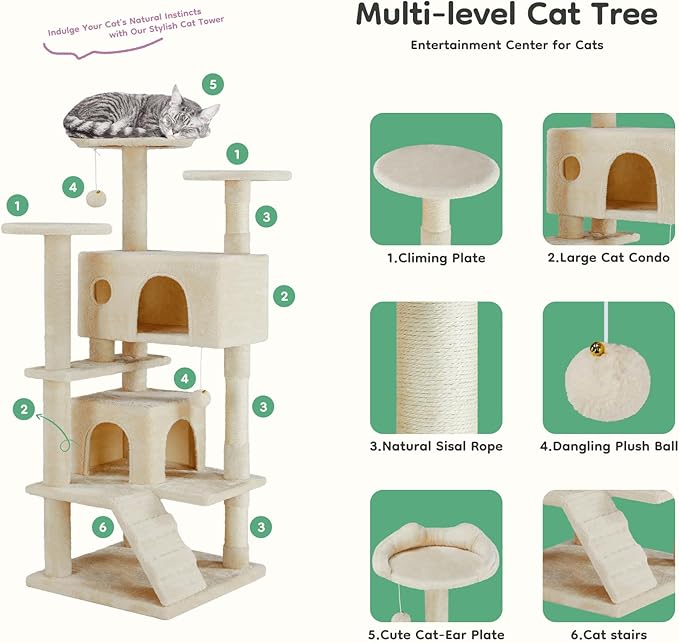 Cat Tree Tower, 54-Inch Cat Tree for Indoor Cats, Multi-Level Furniture Activity Center Cat Tower with Scratching Post, Beige