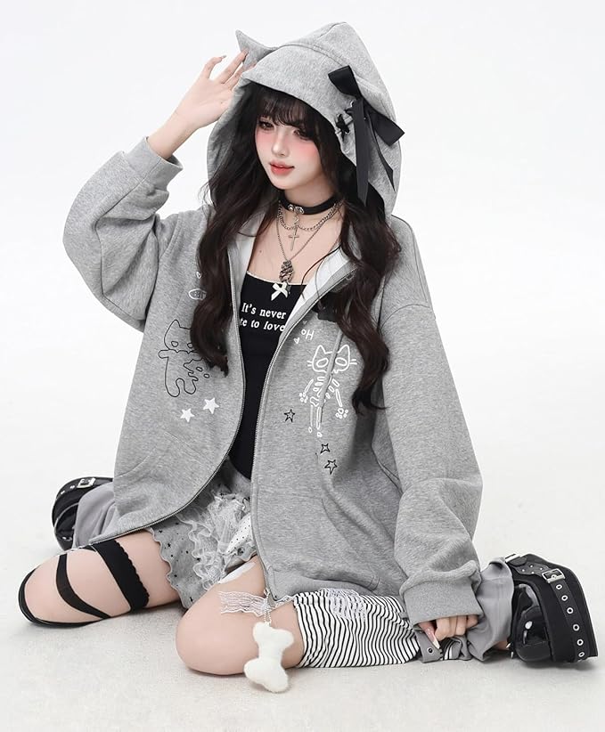 Womens Y2K Zip Up Cute Graphic Hoodies Cat Ears Casual Cartoon Harajuku Kawaii Clothes Oversize Streetwear Jacket