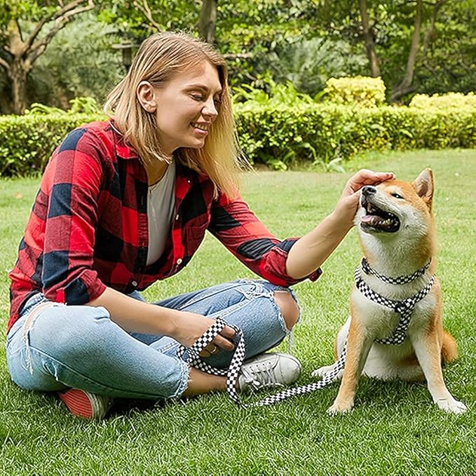 Roses&Poetry Dog Collar with Colourful Checkered Patterns, Adjustable Durable Puppy Collars for Small Medium Large Dogs (Black & White-S)