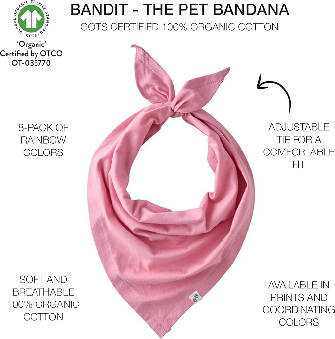 Bandit - The PET Bandana, 8 Pack 100% Organic Cotton Pet Bandanas Clothes for Small, Medium, Large Dogs, Rainbow Pink, X-Small/Small