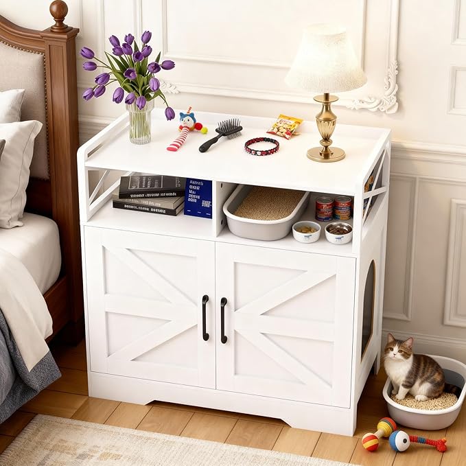 Cat Litter Box Enclosure Furniture - Hidden Litter Box Cabinet with Scratch Pad & Odor Control | Farmhouse Style End Table for Cats | Discreet Cat Washroom for Living Room & Bedroom White