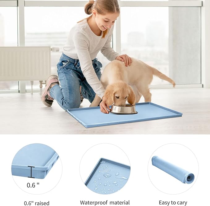 Dog Food Mat,Silicone Waterproof Food Tray,Non Slip Pet Bowl Mats Placemat,0.6" Raised Edge,Suitable for Most Small and Medium Sized Pets,24" x 16"
