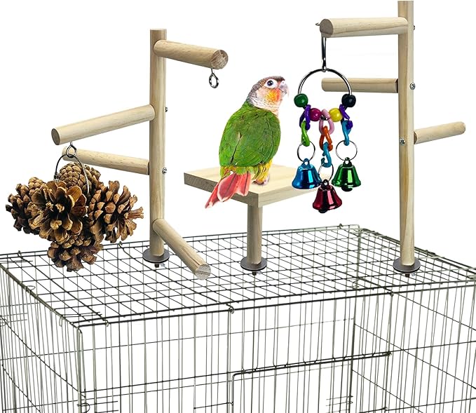 PINVNBY 3 PCS Wooden Small Bird Playground for Top of Cage, Wood Parrot Stands Perch Birds Gym with Hanging Chewing Toys Bird Cage Accessories for Parakeet Conure Love Birds Budgie