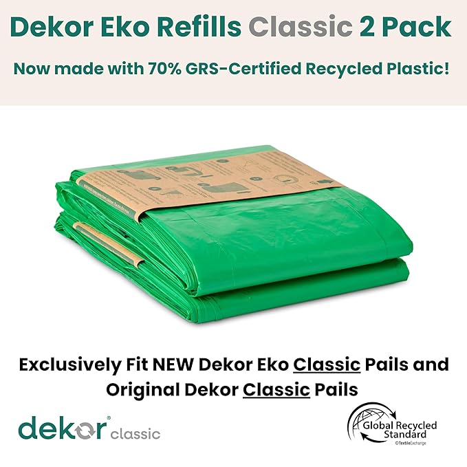 Diaper Dekor CLASSIC Diaper Pail Refills 2 Count Unscented Exclusive End-of-Liner Marking Quick & Easy to Replace Most Economical Refill System for Original and Eko Style Pails