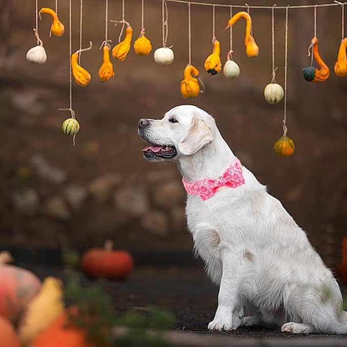 Dog Collar, Pink Pumpkin Print Adjustable Pet Collar Cute Cotton Soft Collars with Bow Tie Fall Metal Buckle Holiday Puppy Collars Boy&Girl Gift for Medium Dogs