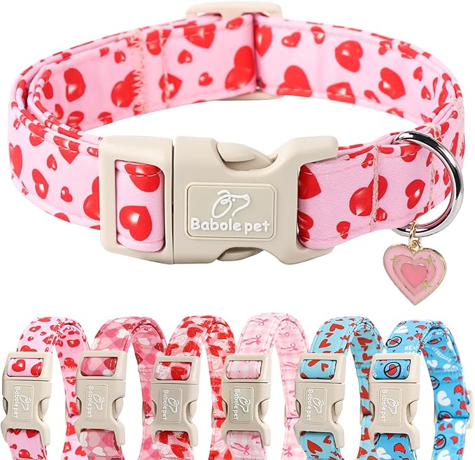 Valentines Dog Collar, Cute Pink Dog Collar with Red Heart Printed, Comfortable Girl Puppy Collar with Quick Release Plastic Buckle, X-Large
