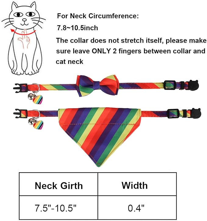 ADOGGYGO Rainbow Cat Collar with Bow Bandana - 2 Pack Cute Kitten Bowtie Collar for LGBT Pride Month, Adjustable Rainbow Collar for Cats