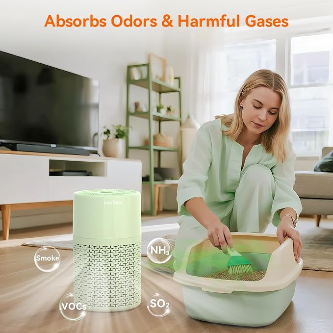AIRROMI Pets Air Purifier for Home Allergies,Up to 660 ft². HEPA Deodorizing Activated Carbon Filter,With Fragrance Sponge for Better Sleep,Night Light,Pet Dander,Smoke,Odors,Air Cleaner A2002 Green