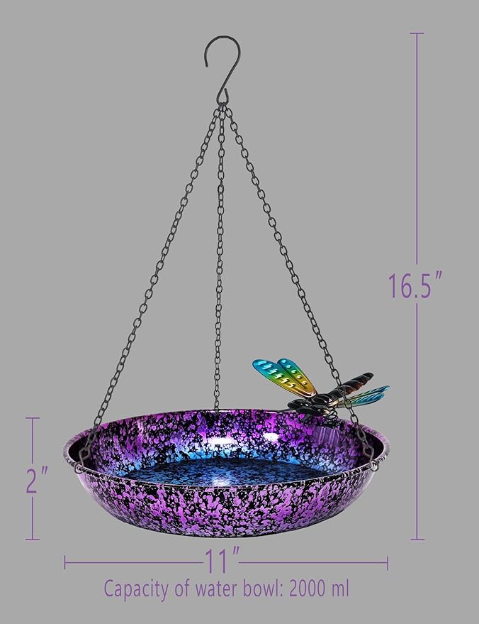 Hanging Bird Bath for Outdoor 11 Inch Colorful Purple&Blue Metal Bird Feeder Birdbath Bowl Mounted Rust-Proof Black Chain Metal Dragonfly Yard Art Garden Decor