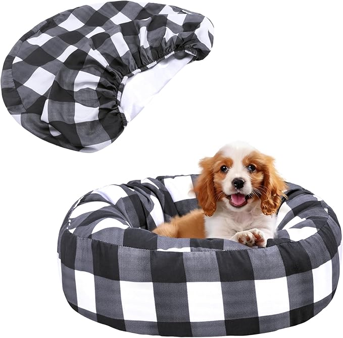 Round Dog Bed Cover Washable Elastic Edged Pet Bed Protector with Black Lattice Pattern Design for Medium & Small Pet Beds, Cover Only (Lattice, 20×9.8 Inch)
