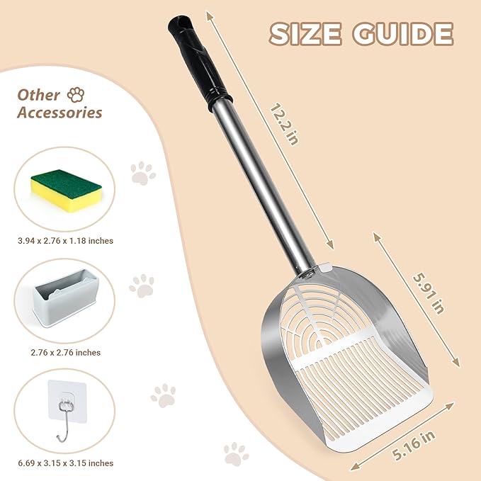 Cat Litter Scoop Deep Shovel, Detachable Long Handle Litter Scooper, Metal Cat Litter Scoop, Stainless Steel Cat Litter Scoop, Kitten Pooper Lifter, Kitty Metal Scooper with Holder Strip Hole