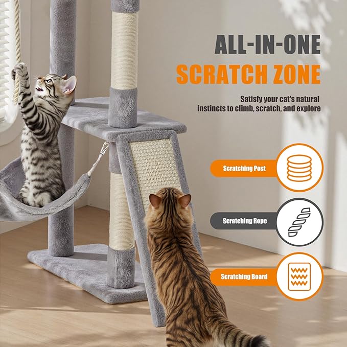Large Cat Tree 63 Inch, Multi-Level Tall Cat Tree Tower with Condo, Perch, Sisal Scratching Posts Board and Hammock, Pet Play House with Dangling Balls for Indoor Cats, Light Grey