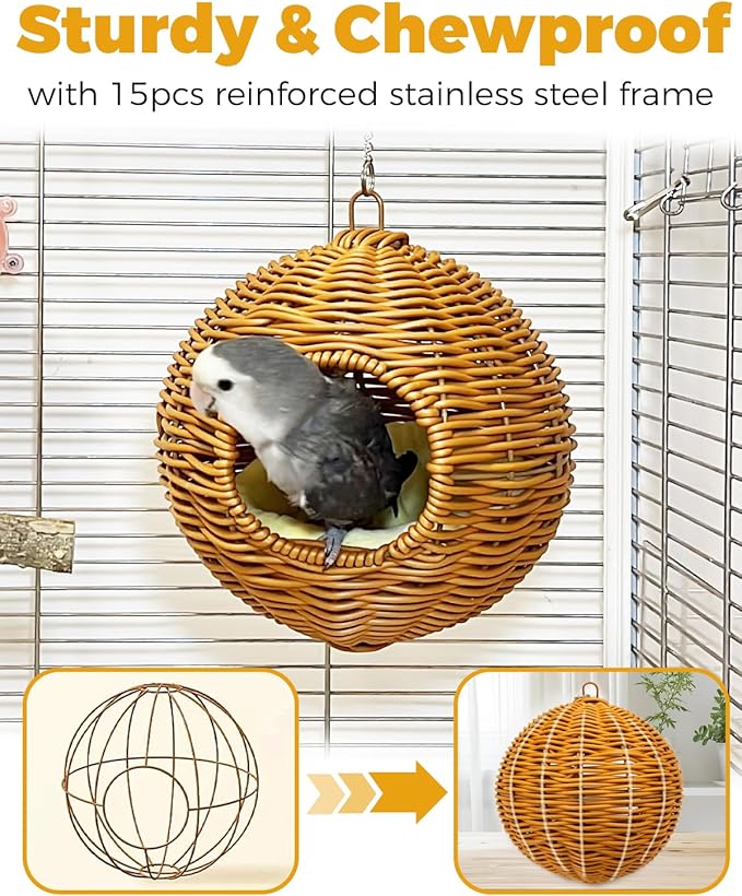 Chewproof Steel Frame Bird Nest for Cage, Washable Small Bird Bed Hammock Hideout Lay Eggs Parakeet Nest Sleep, Parakeet Warm Bed House Hut for Lovebird, Canary, Budgie