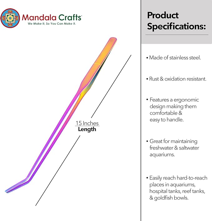 Mandala Crafts 15 Inches Rainbow Stainless Steel Curved Aquarium Tweezers for Aquatic Plants – Long Aquascape Forceps for Fish Tanks, Hospital Tanks, Goldfish Bowls, and Terrariums