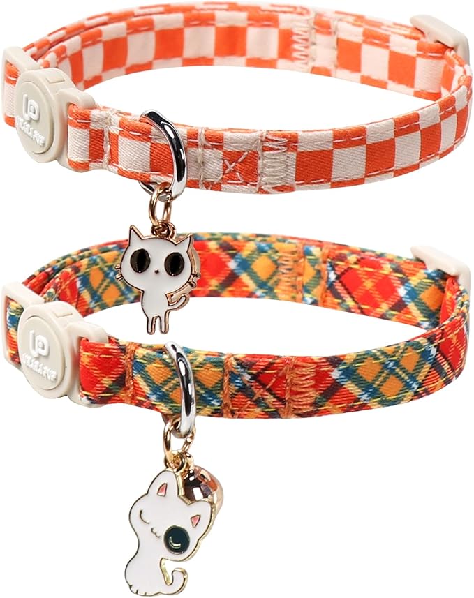 Cat Collar-2Pack Autumn Orange Plaid Kitten Collars-Halloween Plaid Breakaway Kitty Collars-Cute Kitty Pendants,Yellow Orange Grid Cat Collar with Bell, for Girl & Boy Cats