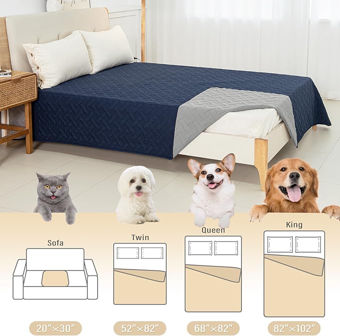 BOCTOPUG Dog Bed Cover for Pets Blankets Rug Pads for Couch Protection Waterproof Bed Covers Dog Blanket Furniture Protector Reusable Changing Pad (Navy Blue+Light Grey, 82"x102")