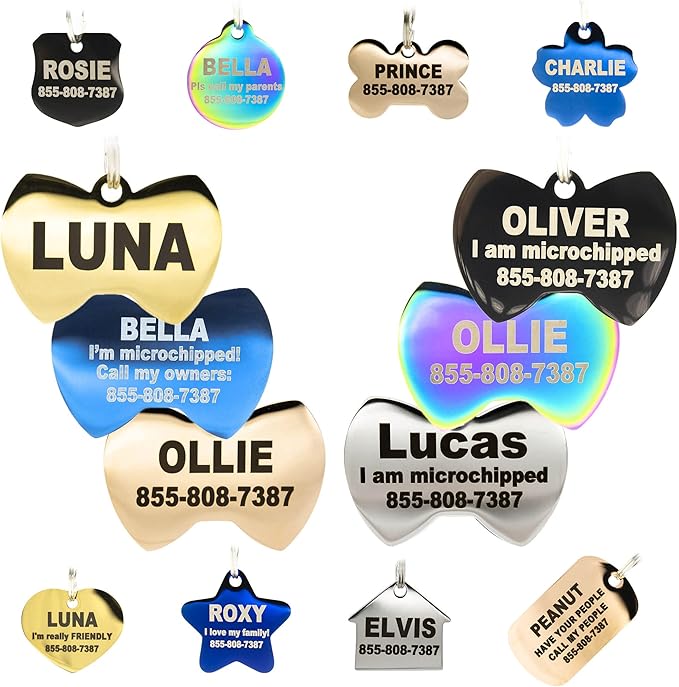 Engraved Dog Tags Personalized - Stainless Steel Engraved Dog Cat ID Tags Front & Back up to 8 Lines of Text Color Plating Gold, Rose Gold, Blue, Black, Nebula by PetANTastic