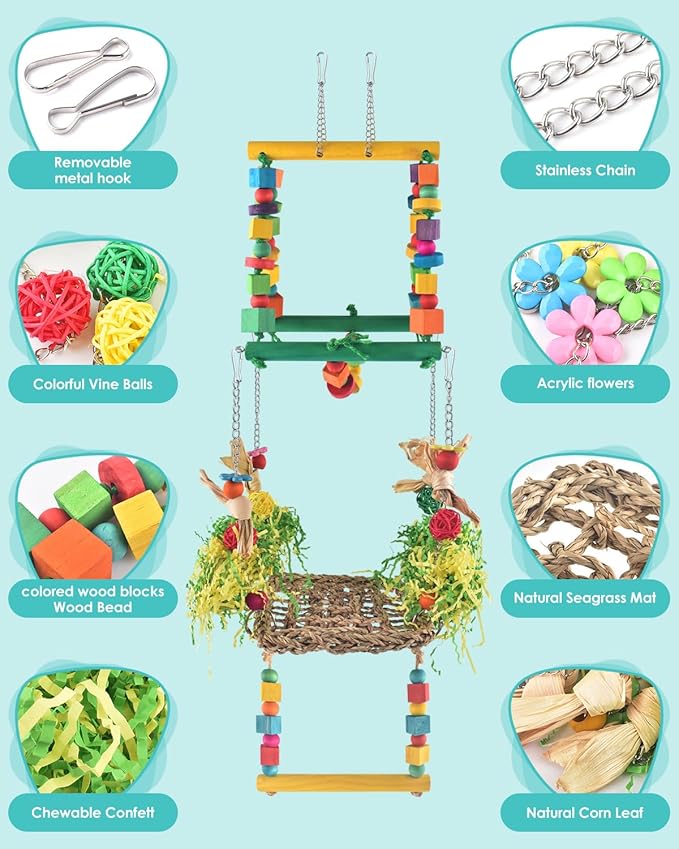 Bird Hammock Toys Parakeet Perches Swing, 3in1 Detachable Parrot Cage Accessories, Wooden Hanging Chew Toys for Medium Conure Cockatiel Quaker Lory
