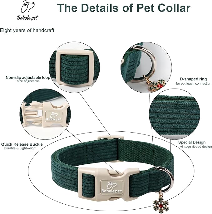 Cute Corduroy Dog Collar - Forest Green Adjustable Dog Collars for Small Dogs 10-25lbs, Fade-Proof with Secure Snap & Little Charm, Christmas Birthday Gift, S