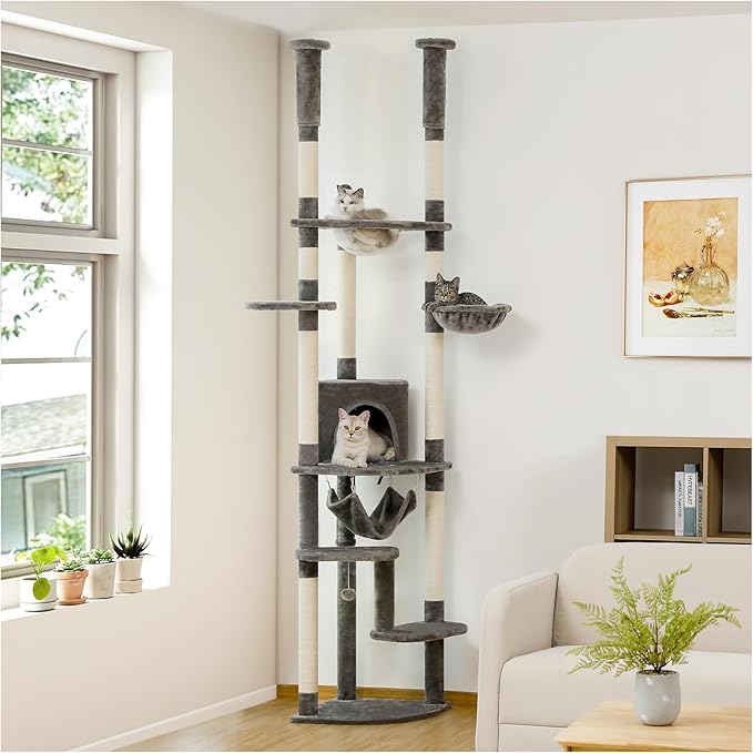 PETEPELA Floor to Ceiling Cat Tree, 92.9''-101.6''Height Adjustable Cat Tower Tall Cat Climbing Play House, Cozy Condo, Scratching Post and Spacious Hammock for Indoor Cats Large Adult, Gray