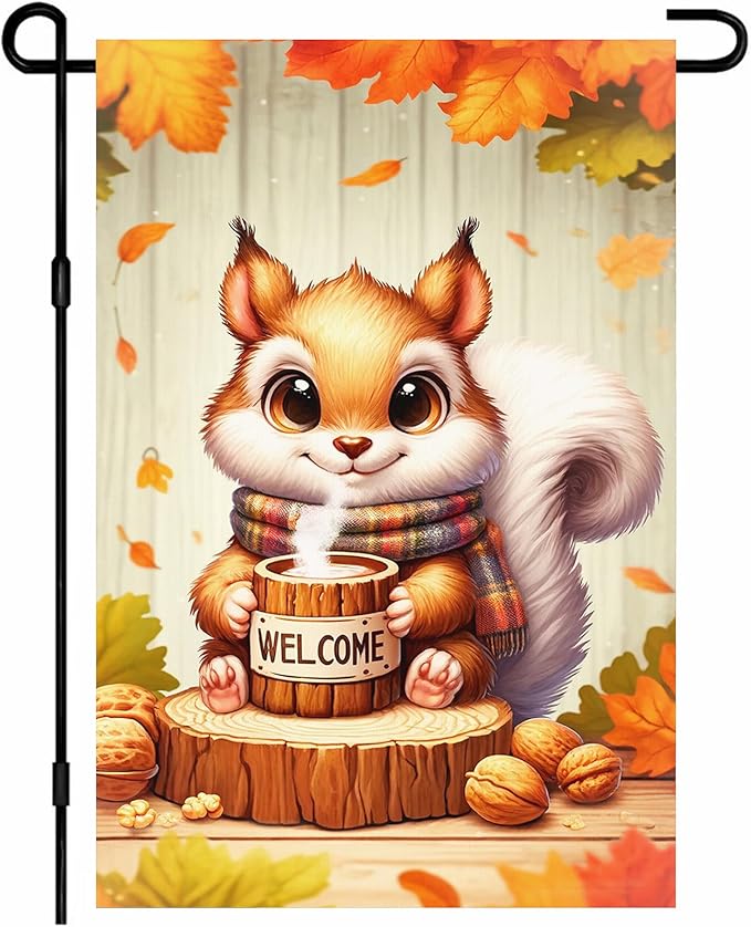 Fall Everyday Garden Flag 12x18 Inch Cute Red Squirrel with Hot Cocoa and Welcome Sign, Yard Flag Double Sided for Outdoor Fall Porch