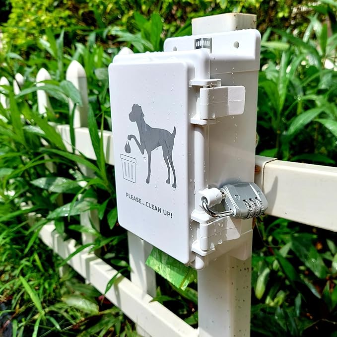 Dog Poop Bag Dispenser Wall Mounted Outdoor Pet Poop Bags Storage Container with Lock, 8 Small Rolls Stake, Pole, Fence Mountable fits Home Commercial Occasion(White dispenser+8 rolls+lock)