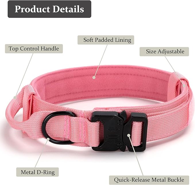 Tactical Dog Collar, Adjustable Military Training Nylon Dog Collar with Control Handle and Heavy Quick-Release Metal Buckle for Small Medium Large Dogs, Light Pink L