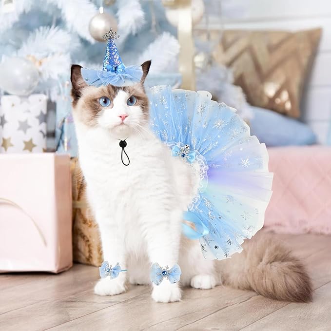 Cat Birthday Princess Costume for Kitten Crown Hat Tutu Skirt Kitten Princess Hat Cat Bandana Halloween Small Pet Outfit for Cats Kittens L