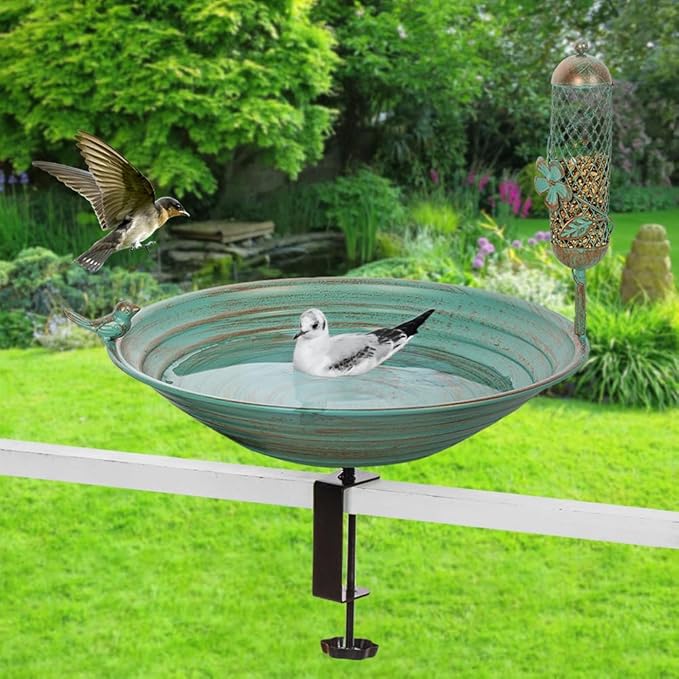 DREAMSOUL 13 Inches Deck Bird Bath, Metal Bird Bath Bowl Unheated with Clamp Detachable, Bird Baths for Outdoors Railing Balcony Garden Decor