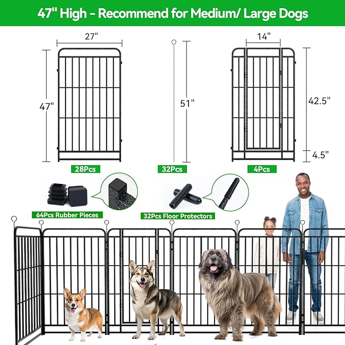Heavy Duty Dog Playpen: 32 Steel Panels 47" Height, Square Steel Pipe with Reinforced Crossbars, 71FT 406 Sq.ft Portable Fence for Yard RV Camping, Snowy Black