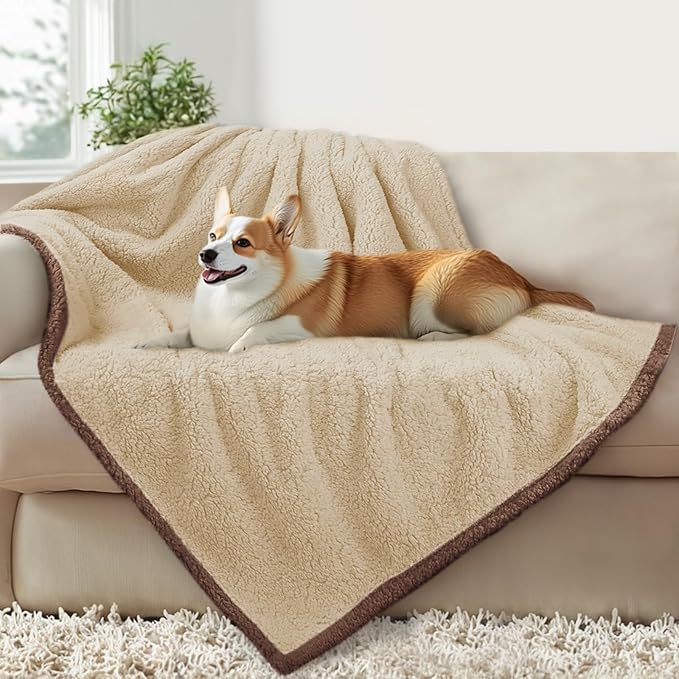 Luciphia Waterproof Pet Blanket for Medium Large Dogs Soft Cat Sherpa Calming Thick Cover Leakproof Cozy Puppy Sofa Bed Car Couch Protector(Beige/Brown,30x20 inches)