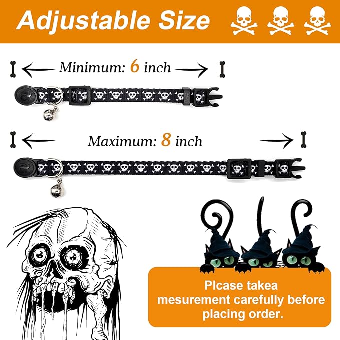 azuza 4 Pack Halloween Kitten Collar Breakaway,Quick Release Safe Buckle Adjustable Kitten Collars, Skull Crossbones, Crossbones, Pink Leopard and Blue Leopard