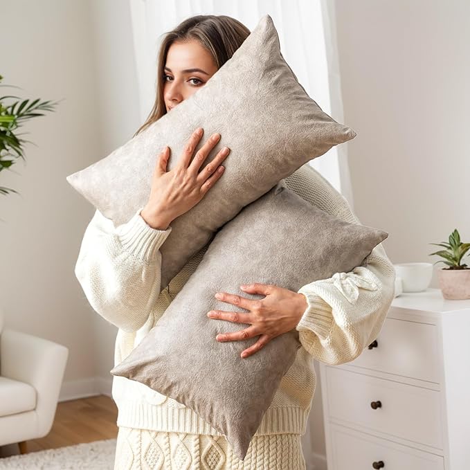Lumbar Pillow Decorative, Pack of 2 Thickened Farmhouse Luxury Faux Leather Pillow Covers, for Home Decor Outdoor Waterproof Pet Hair Resistant Throw Pillow Covers 12x20 Inch Grey