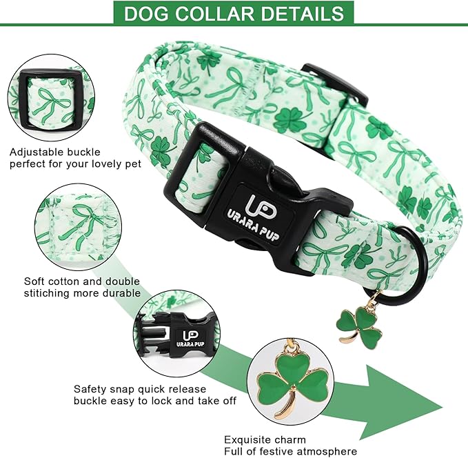 St. Patrick's Day Dog Collar, UP URARA PUP Shamrock Adjustable Pet Collar with Quick Release, Daily Dog Accessories for Small Medium Large Dogs