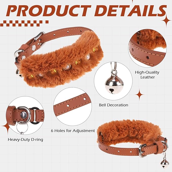 EXPAWLORER Leather Cat Collar - Adjustable Furry Pet Collar with Pearls and Gemstones for Girl Boy Cats, Elegant Plush Collar with Bell & Durable D-Ring, Brown