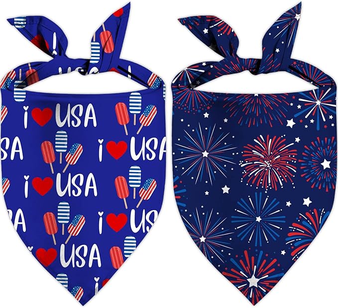 4th of July Dog Bandanas, Patriotic Holiday Party Pet Decorations 2 Pack, Adjustable Independence Day Bandana American Flag Triangle Bibs Cat Scarf Set