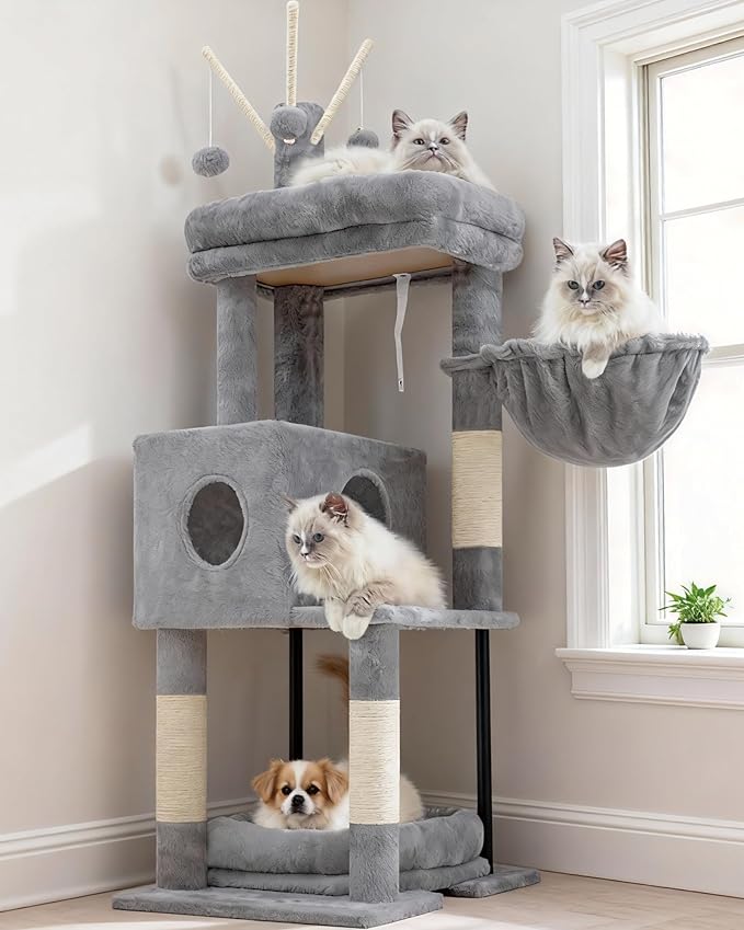 Heybly Cat Tree, 45.3-Inch Cat Tower for Indoor Cats with Large Perch, All-in-One Cat Furniture with Cozy Bed, Hidden Space Cat Condo, Comfy Hammock, Scratching Posts & 3 Pompoms, Light Gray HCT202SW