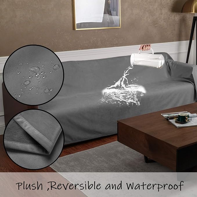 Ameritex Pet Bed Blanket Reversible 100% Waterproof Velvet Super Soft for Sofa and Bed (82x102 Inches, Light Grey+Grey)